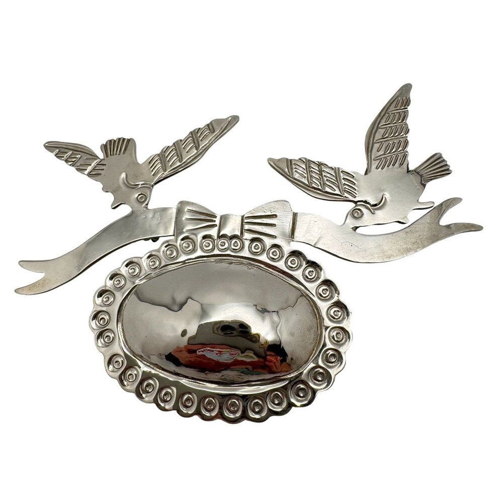 Bird Bow Oval Brooch Pin Pendant Vintage Silver-Toned Silver Plate?